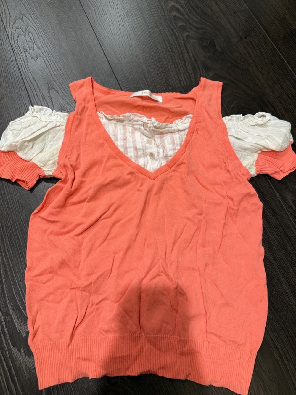 Women's Coral V-Neck Layered Tank Top with White Puff-Sleeve Detail
